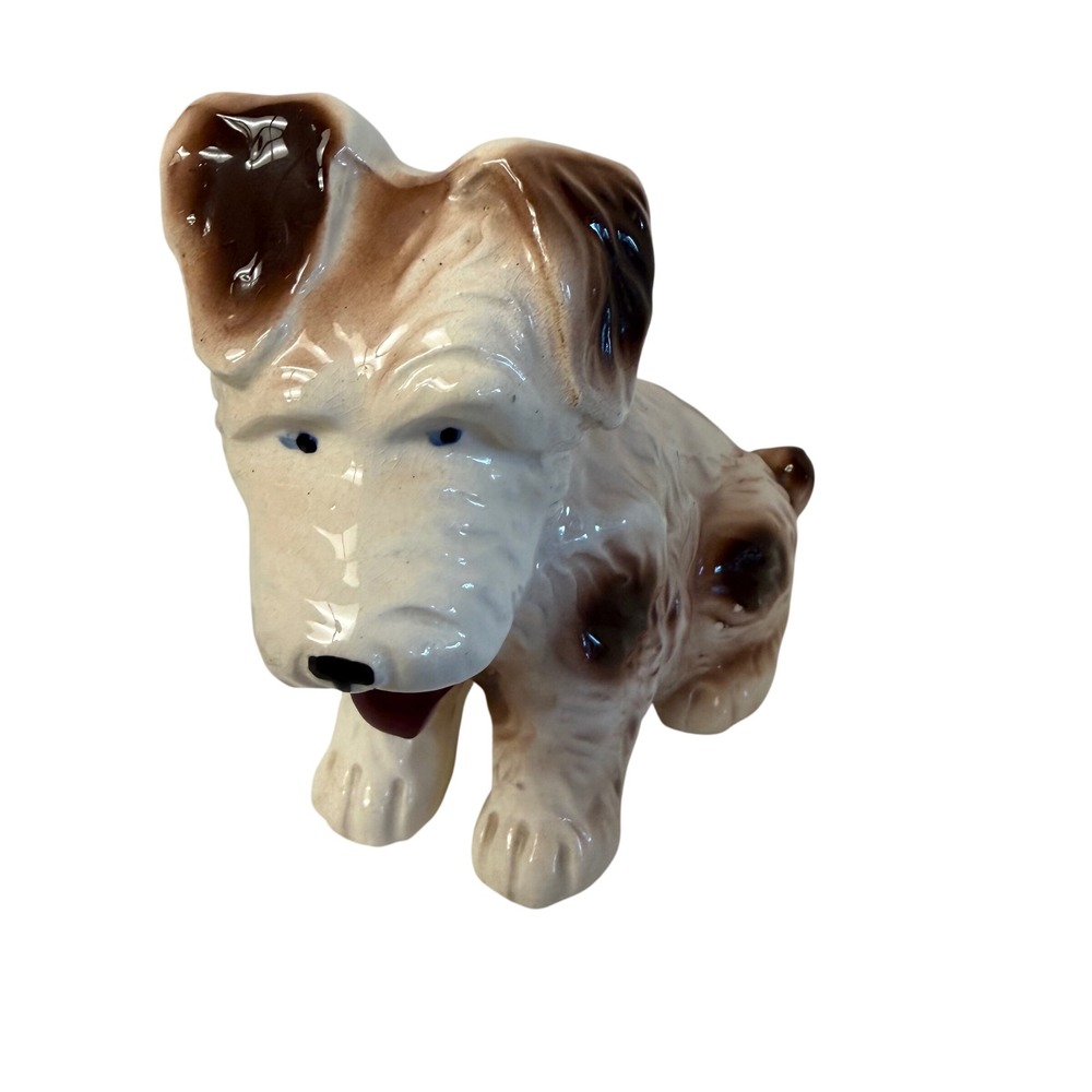 Vintage Terrier Dog Figurine White Brown Made in Japan Ceramic Statue 7 1/2"